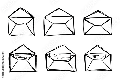 Set of hand drawn envelope with letter inside Mail and correspondence doodle Love, communication, invitation Single element for design, print, decor