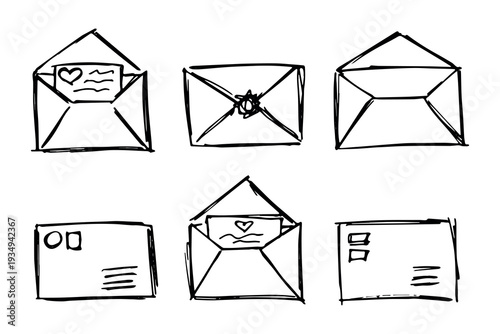 Set of hand drawn envelope with letter inside Mail and correspondence doodle Love, communication, invitation Single element for design, print, decor