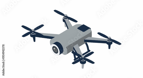 Gray drone with camera flying isolated on white background.