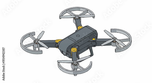 Quadcopter drone with camera and propellers on white background.
