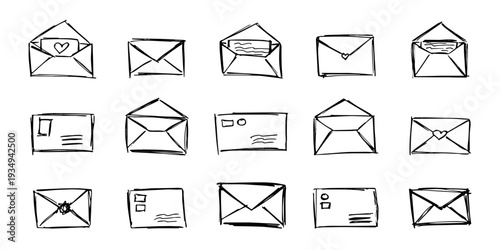 Set of hand drawn envelope with letter inside Mail and correspondence doodle Love, communication, invitation Single element for design, print, decor