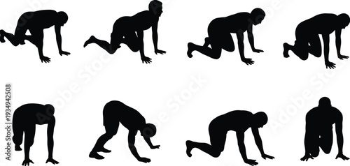 Athlete sprint start silhouette collection showing runners in starting position isolated on light background, track and field sports vector illustration for competition concept