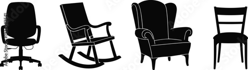 Chair silhouette collection featuring office chair, rocking chair, armchair and wooden chair isolated on light background, furniture vector illustration for interior design
