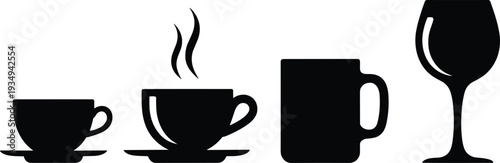 Drinkware silhouette collection featuring coffee cup, steaming tea cup, mug and wine glass isolated on light background, beverage container vector illustration design