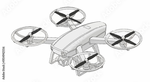 Quadcopter drone with four rotors and sleek design.