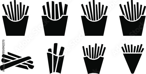 French fries silhouette icon collection with multiple fast food fry box styles isolated on light background, potato snack vector illustration for restaurant menu design