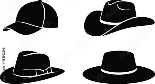 Hat silhouette collection featuring baseball cap, cowboy hat, fedora and wide brim hat isolated on light background, fashion accessory vector illustration set