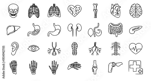 A collection of black and white medical icons and illustrations on a white background
