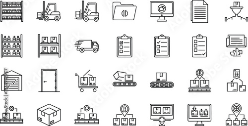 Logistics and Warehouse Management Vector Icon Set Featuring Forklifts Delivery Trucks Shelving Units Cargo Boxes Conveyor Belts Inventory Checklists And Global Distribution Symbols For Supply Chain