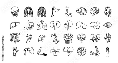 A collection of black and white medical icons and illustrations on a white background