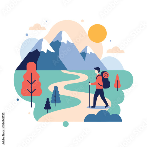 A hiker traverses a scenic mountain trail under a bright sun, surrounded by trees and rolling hills