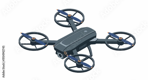 Modern drone with camera and four propellers on a white background.