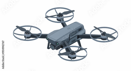Modern drone with four rotors and camera on white background.