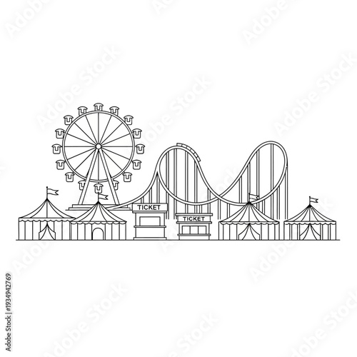 Amusement Park Attractions Roller Coaster Ferris Wheel.