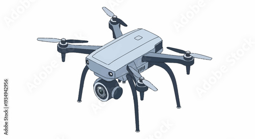 Modern drone with camera and four rotors on a white background.