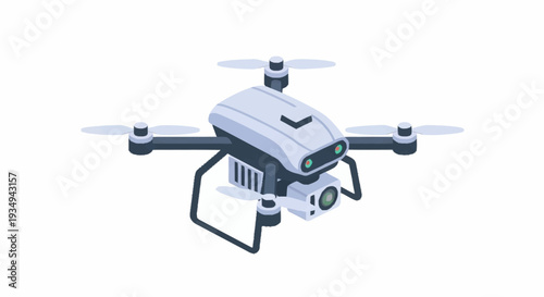 Modern drone with camera and propellers on white background.