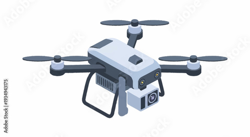 Modern drone with camera and propellers in flight mode.
