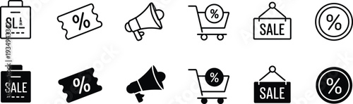 Sale and discount related icons in two rows with different styles Keywords: sale, discount, percentage, coupon, ticket