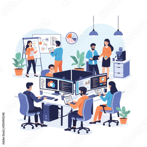 Teamwork in a modern office setting, with professionals collaborating around computers and whiteboards for productive brainstorming and project development