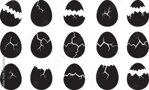 Cracked black eggs on white background in various stages