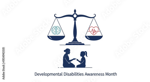 Vector illustration of a scale balancing symbols of disability and support, with a silhouette of a person assisting another, promoting Developmental Disabilities Awareness Month with a