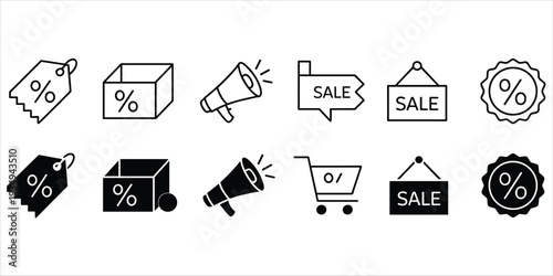 Sale and discount icons set with price tags boxes and shopping cart percentage