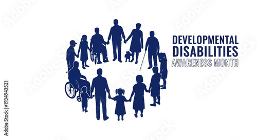 A blue silhouette illustration of diverse people forming a circle for Developmental Disabilities Awareness Month with inclusive design elements.
