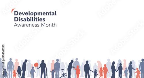 Illustration of diverse people with disabilities and their supporters for Developmental Disabilities Awareness Month with a vector design on a white background.