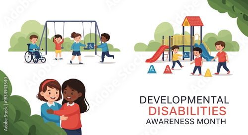 Illustration of children playing on swings and slides with a supportive adult, promoting Developmental Disabilities Awareness Month with inclusive and colorful graphics.