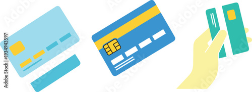 Flat vector illustration of credit cards with gold chips and magnetic strips featuring a hand holding cards for secure online payment and banking concepts.