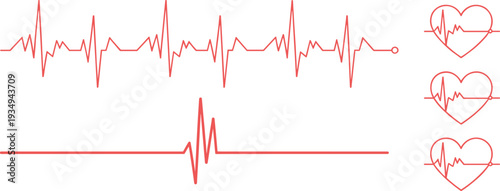 Red Heartbeat and Heart Line Graphics with ECG Waveforms vector illustration