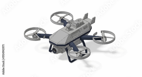 Gray drone with four rotors on a white background.