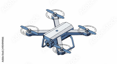 Quadcopter drone with four rotors and camera equipment.