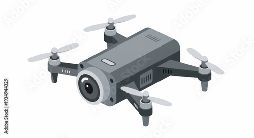 Gray drone with four propellers and camera on front.