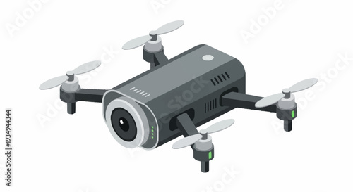 Modern drone with camera flying isolated on white background.