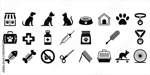 Collection of black pet care and veterinary icons on a white background pet store pet food bowl