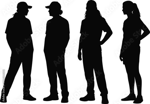 Casual people silhouettes set, men and women standing in relaxed poses isolated on white background, vector illustration for lifestyle, teamwork and communication concept
