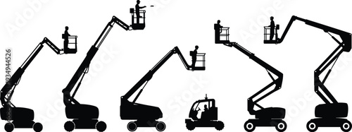 Aerial work platform and boom lift silhouettes set, cherry picker machines with operators in elevated positions isolated on white background vector illustration