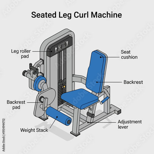 Detailed diagram of a seated leg curl machine with labeled parts.