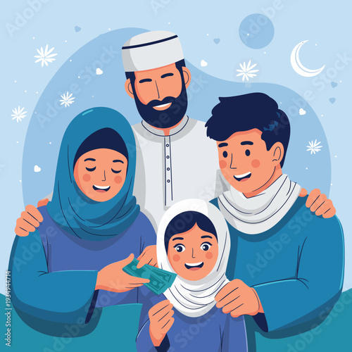 muslim family smiling and giving money to little girl  happy islamic people