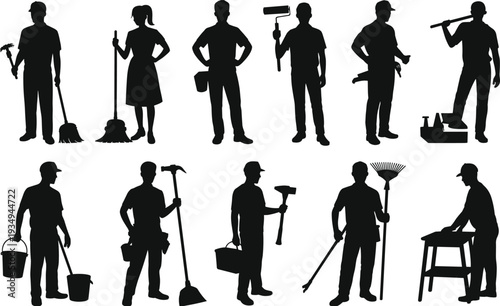 Construction and cleaning worker silhouettes set, professional laborers holding broom, hammer, paint roller and toolbox isolated on white background vector illustration