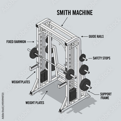 Detailed diagram of a Smith Machine with labeled components.
