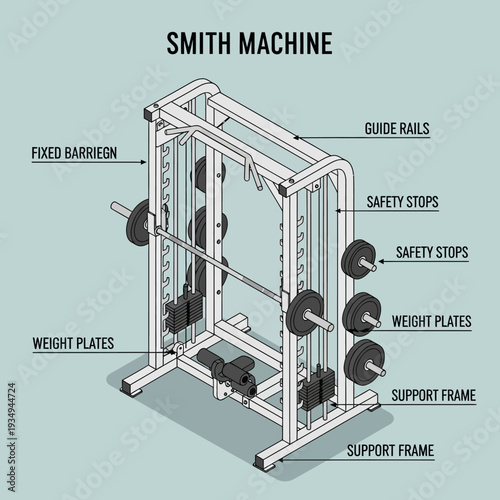 Detailed diagram of a Smith Machine with labeled components for weightlifting and fitness.