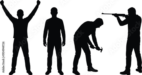 Collection of male silhouettes featuring a man celebrating with arms raised standing posing using a hammer and aiming a rifle for various projects