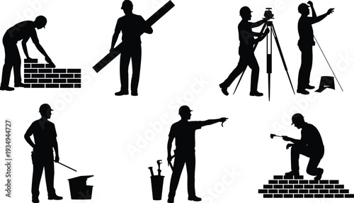 Construction worker silhouettes collection, builders laying bricks, surveying land and carrying materials in professional working poses isolated on white background vector illustration