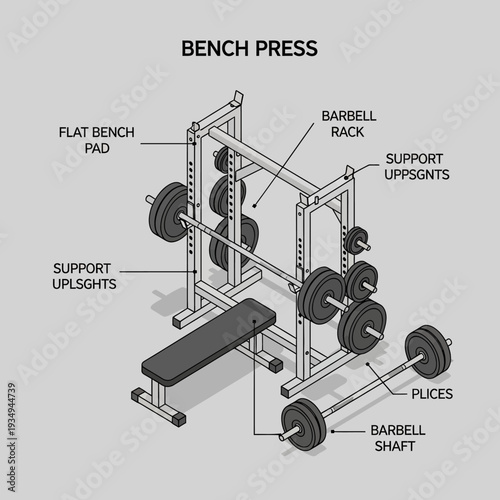 Detailed diagram of a bench press equipment with labeled parts.
