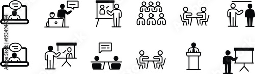 Collection of black and white education and meeting icons on white background training presentation