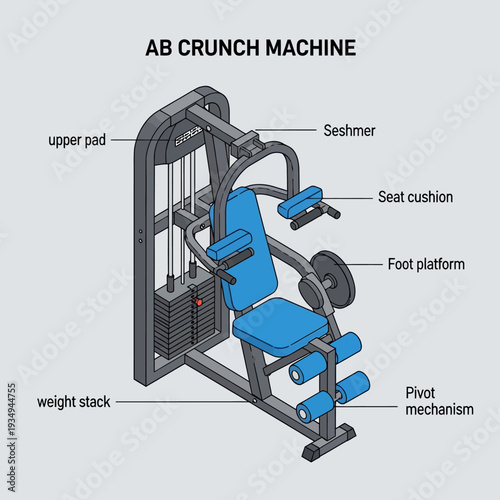 Detailed Diagram of Abdominal Crunch Exercise Machine with Labeled Components.