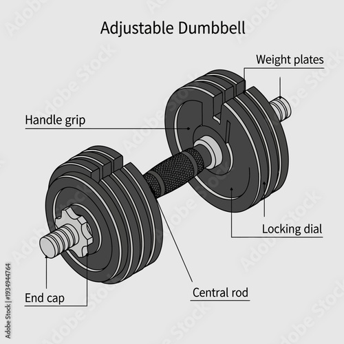Detailed diagram of an adjustable dumbbell with labeled components.