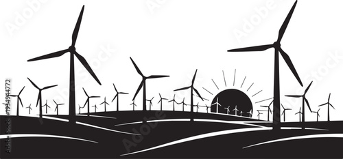 Wind turbines generating clean energy at sunset landscape silhouette